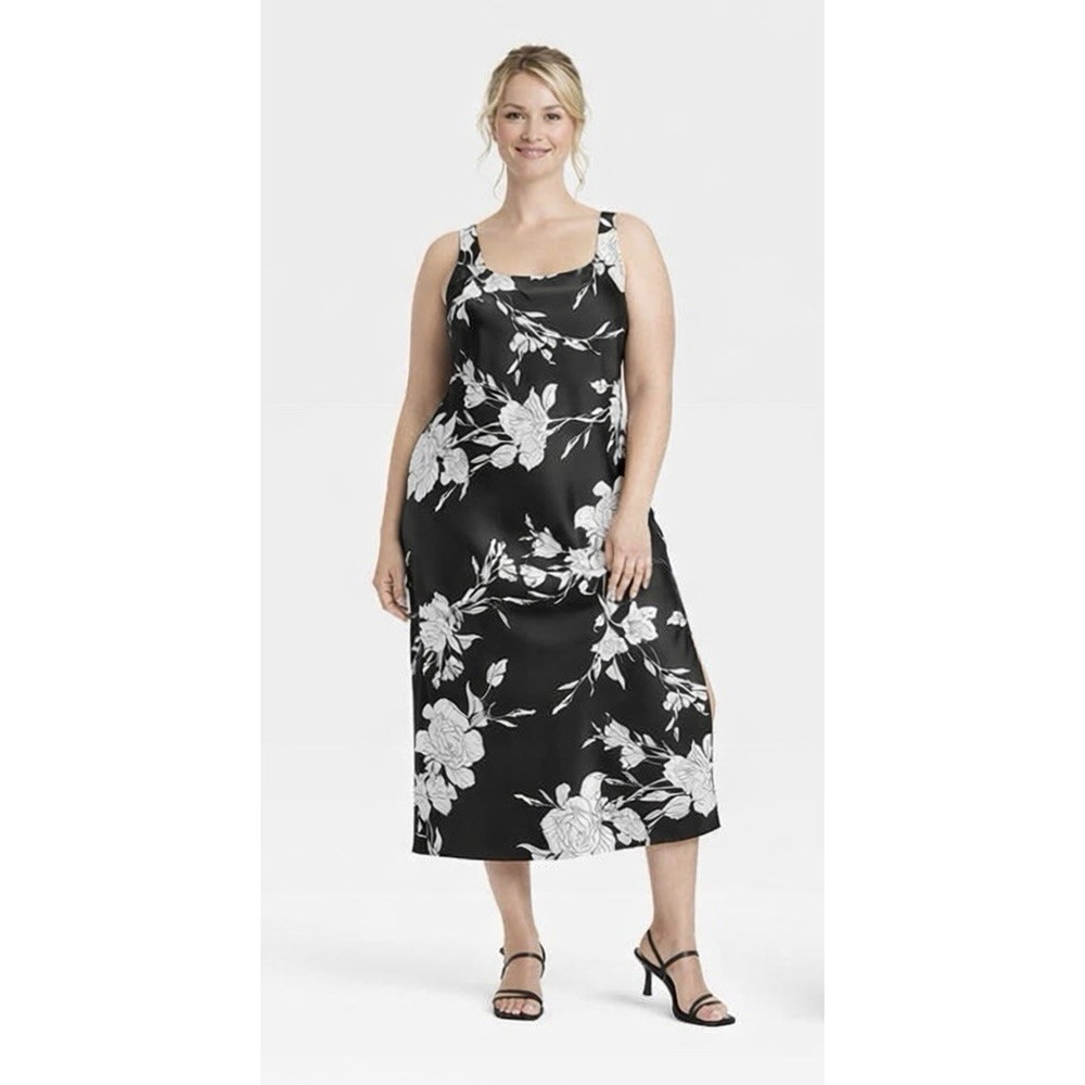 A New Day Sleeveless Black Floral Satin Maxi Slip Dress 2X 2XL‎ Side Slit Luxury